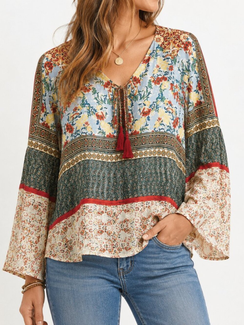 Fig & Flower Boho Peasant Blouse Small Floral Border Print Tassel Tie 3/4 Sleeve